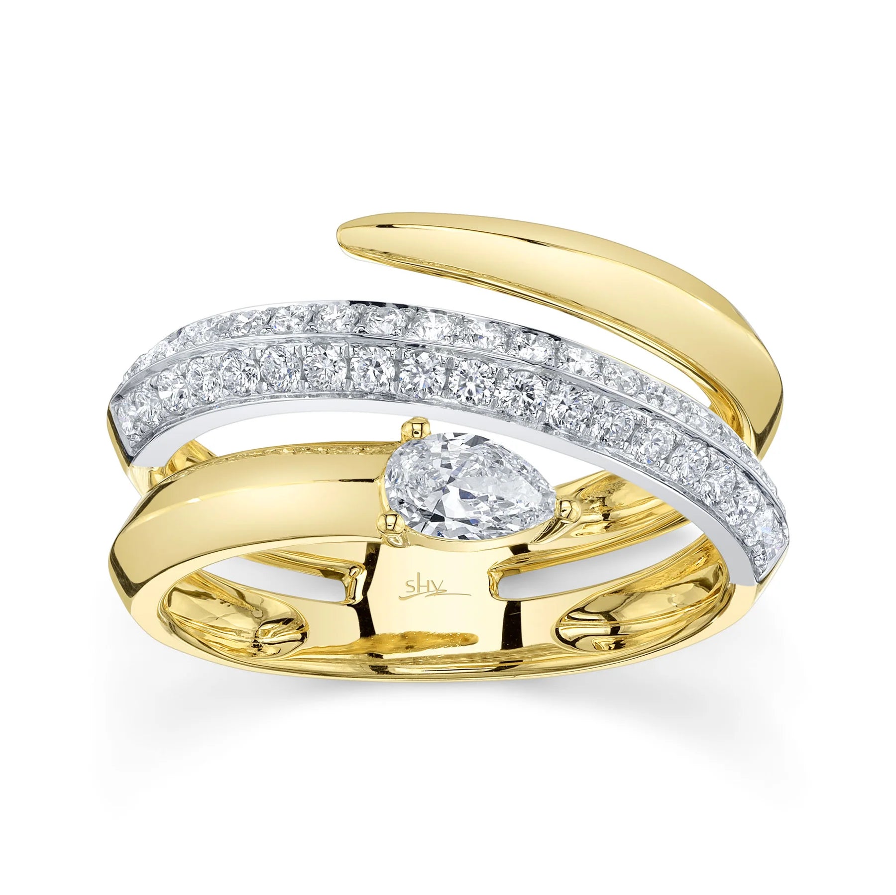14K W/YG Pave Diamond & Polished Gold Wrap Ring with Diamond Pear Accent