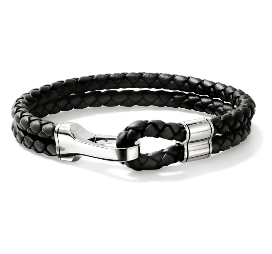 Sterling Silver & Black Leather Men's Essentials 10mm Double Row Bracelet by John Hardy