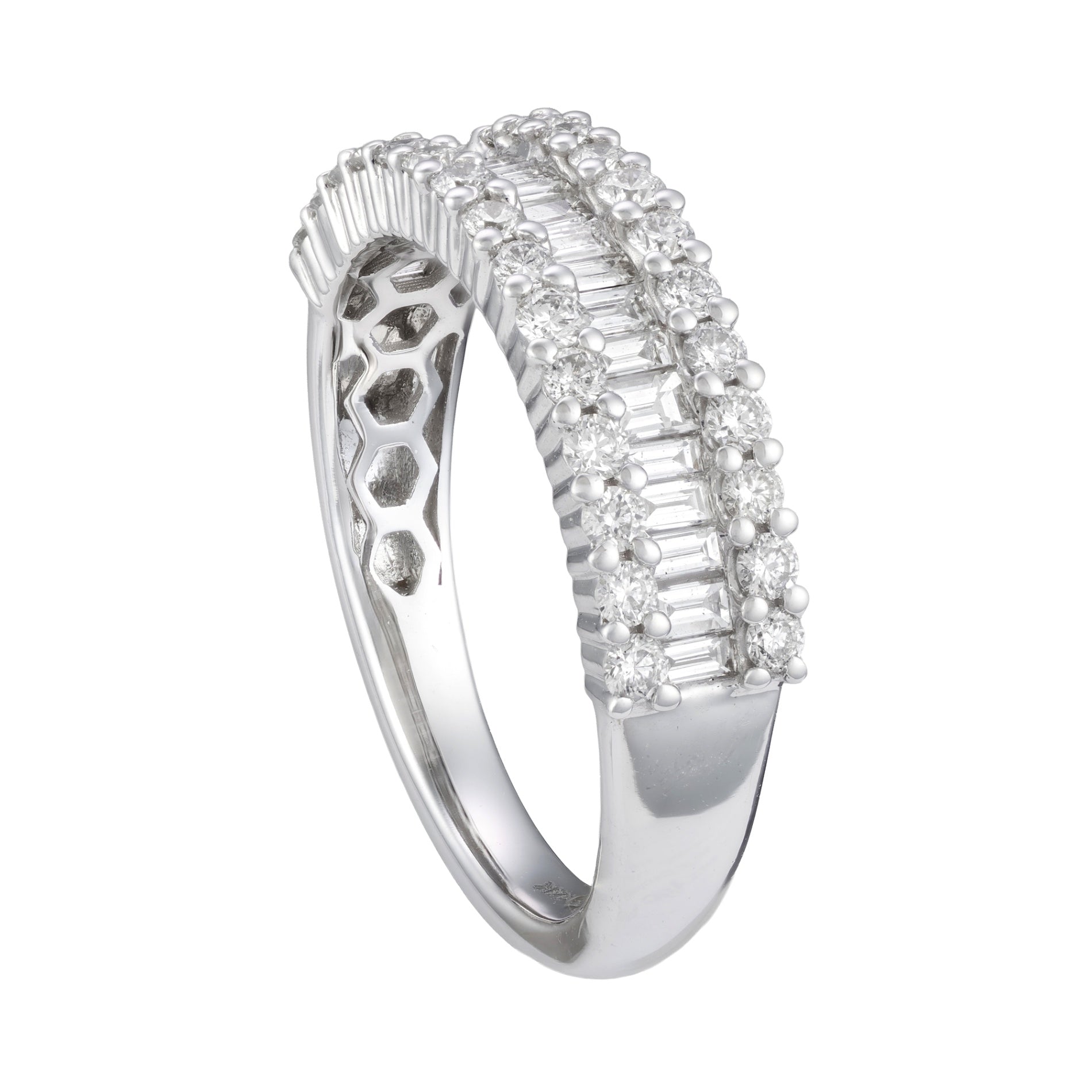 14K White Gold Diamond Baguette & Round Triple Row Anniversary Band