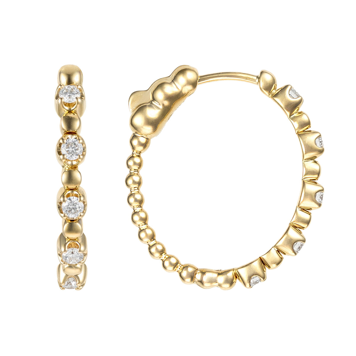 14K Yellow Gold Diamond & Bead Alternating Hoops
