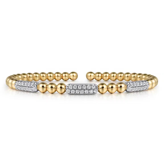 14K Two-Tone Diamond Pave Three Station Bar Bujukan Beads Split Bangle Bracelet by Gabriel NY Main image