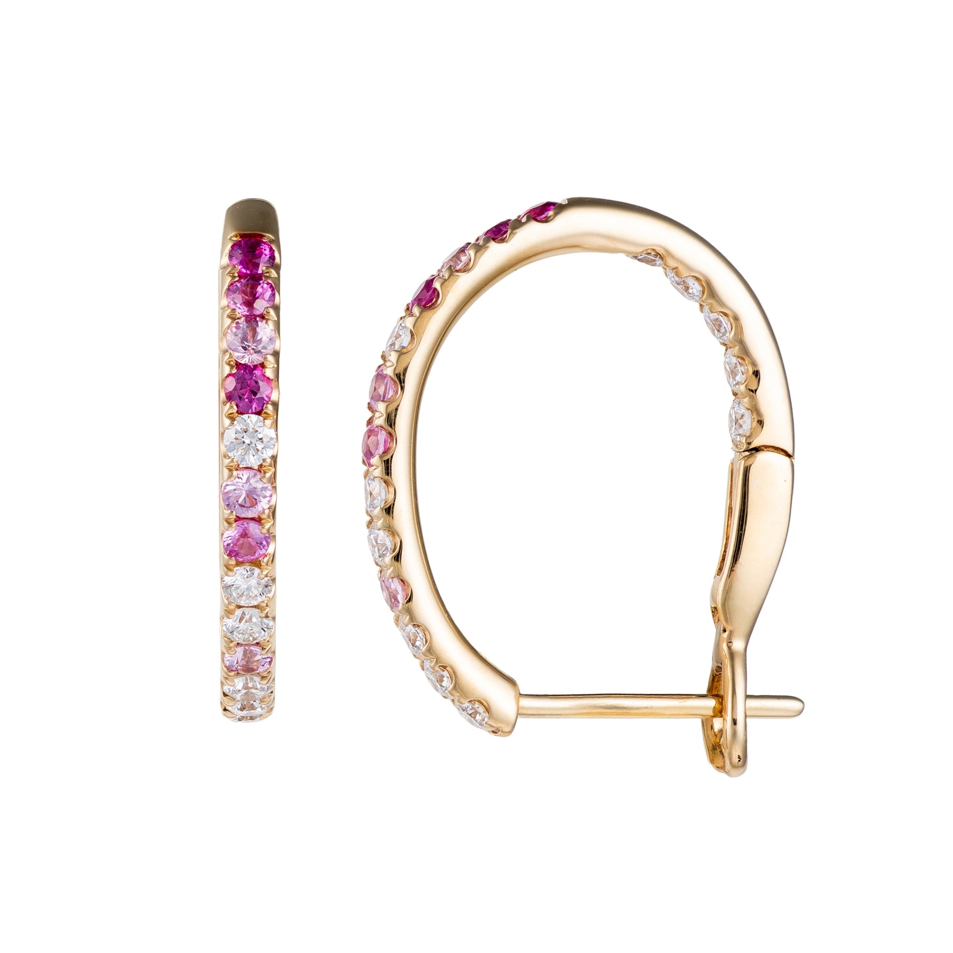 14K Yellow Gold Ombre Pink Sapphire & Diamond Inside Out Hoops by David Kord