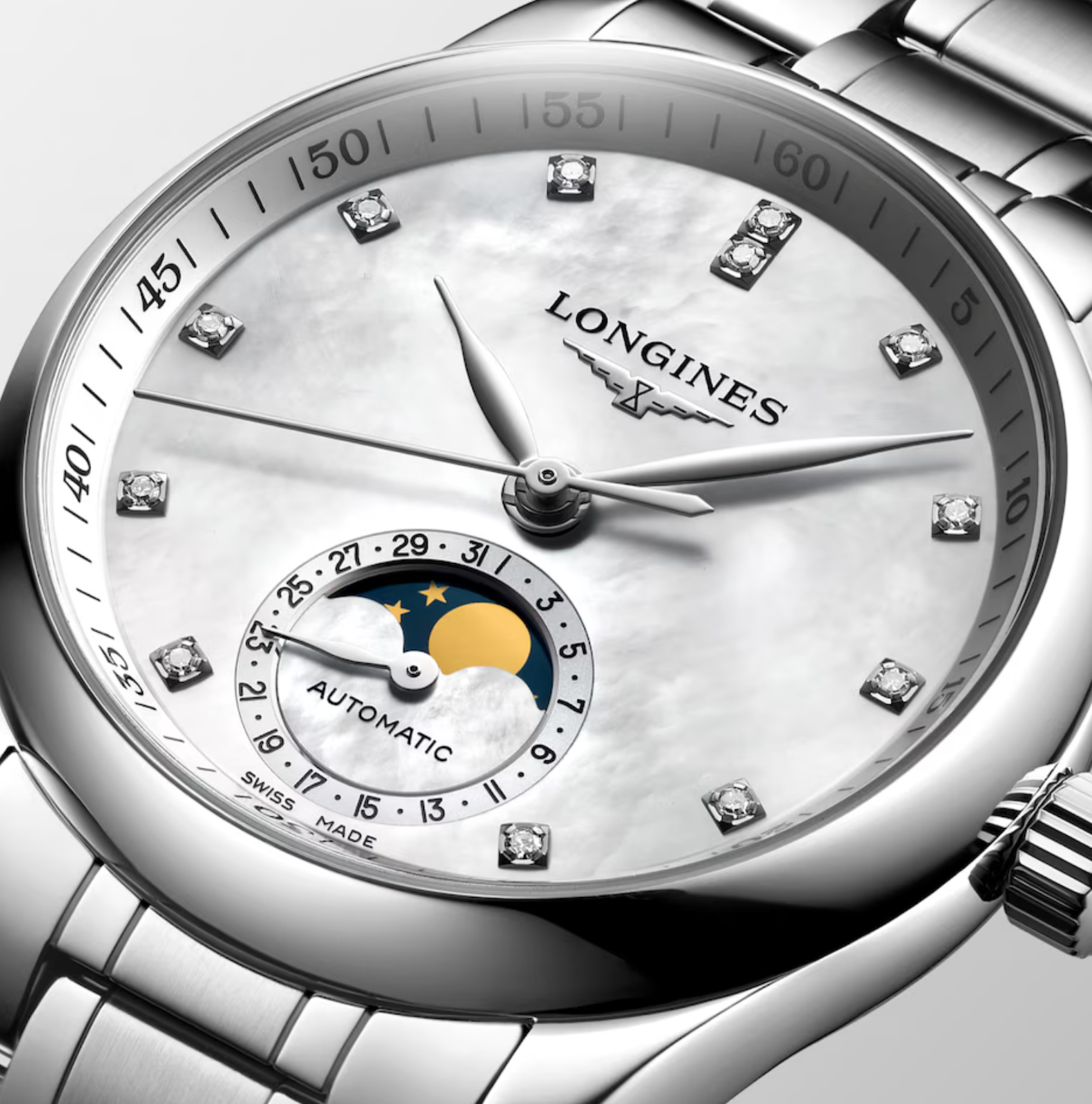 Longines Master Moonphase 34mm Watch with Mother of Pearl Dial & Diamond Markers