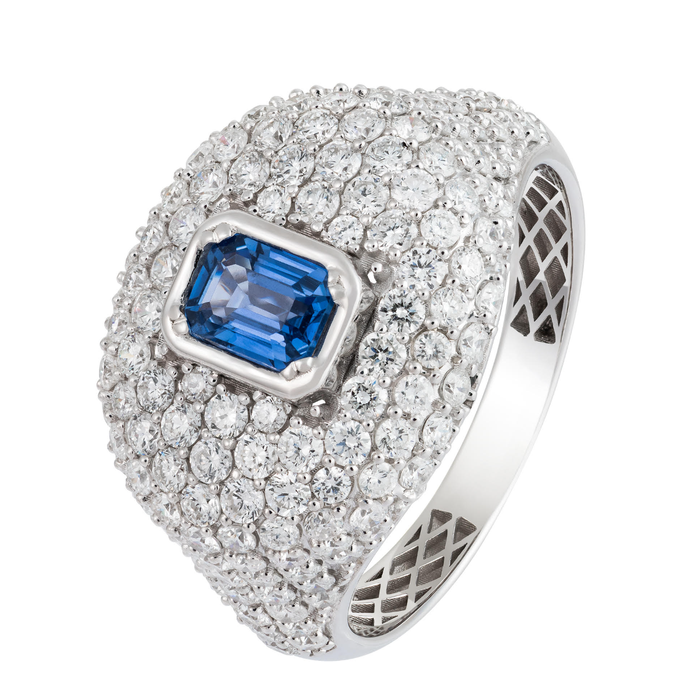 18K White Gold Pave Diamond Dome Ring with Sapphire Center