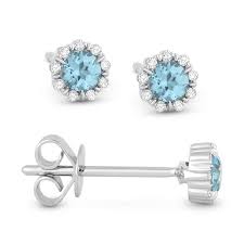 14k Wg Round Blue Topaz & Dia Halo Stud Earrings
