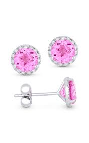 14K WG Created Pink Corundum & Diamond Halo Studs