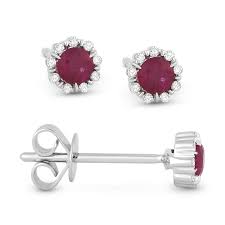 14K WG Round Ruby & Diamond Petite Halo Stud Earrings Main image
