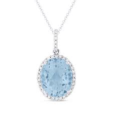 14K WG Oval Blue Topaz & Diamond Halo Pendant Necklace by Madison L
