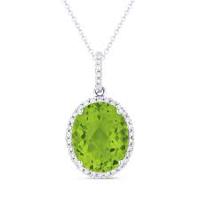 14K WG Oval Peridot & Diamond Halo Pendant Necklace by Madison L