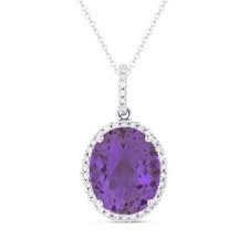 14K WG Oval Amethyst & Diamond Halo Pendant Necklace