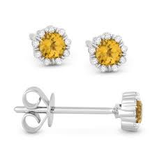 14K WG Round Citrine & Diamond Halo Studs