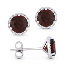 14k WG ROUND GARNET EARRINGS WITH DIAMOND HALOS
