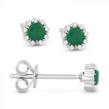 14k Wg Round Emerald & Dia Halo Stud Earrings