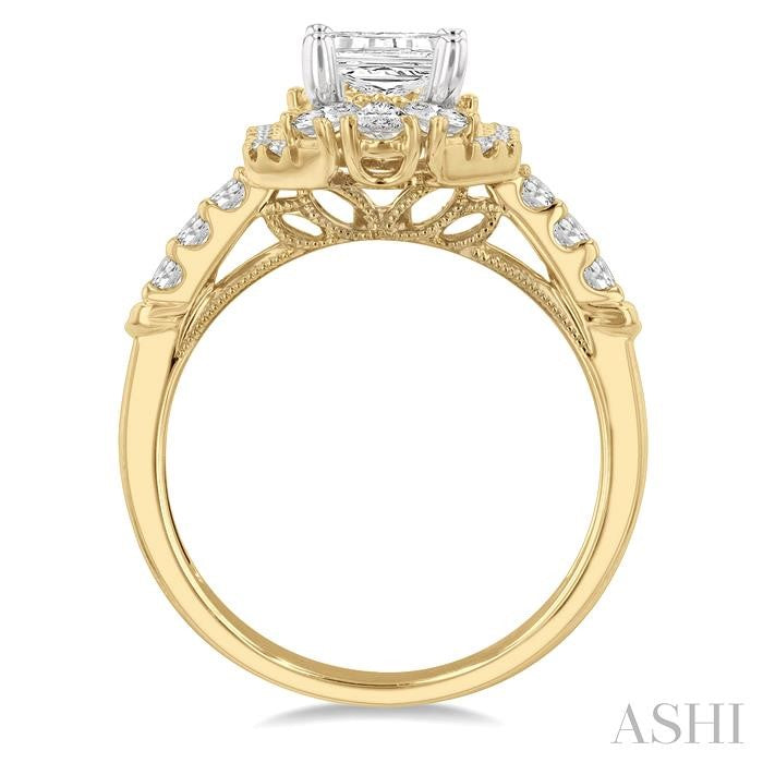14K Two-Tone Pear & Round Diamond Double Halo Semi-Mount for Emerald