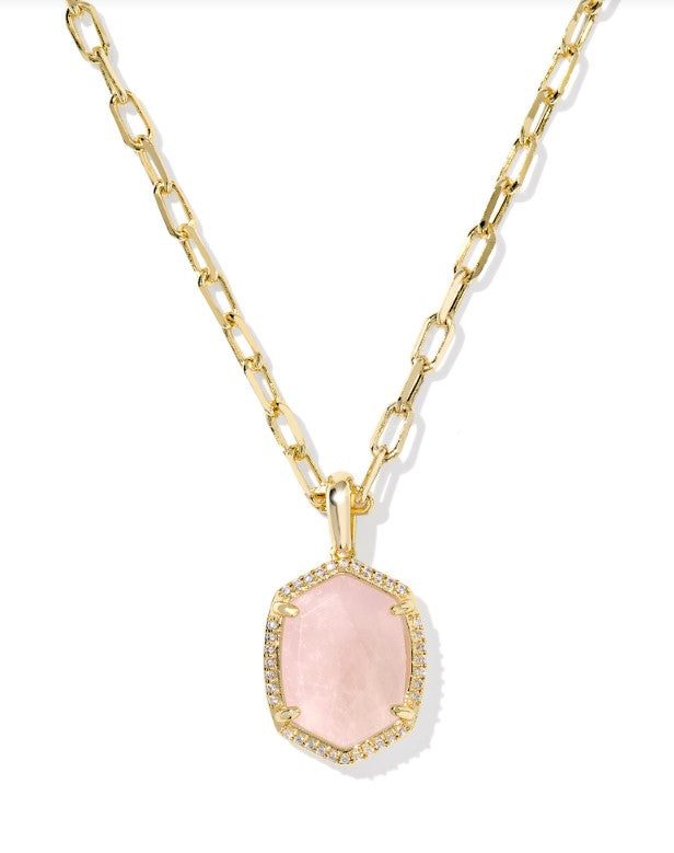 Daphne Gold Plated Pave Frame Short Pendant in Rose Quartz by Kendra Scott Main image