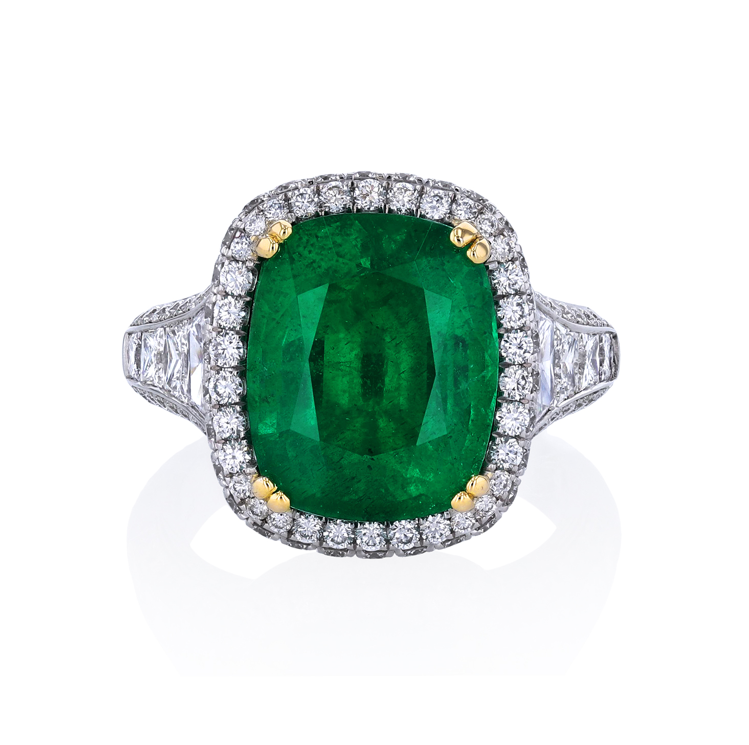 Platinum & 18K Yellow Gold Emerald Ring with Channel Set Trapezoid Diamonds & Pave Diamond Borders by Joshua J Main image