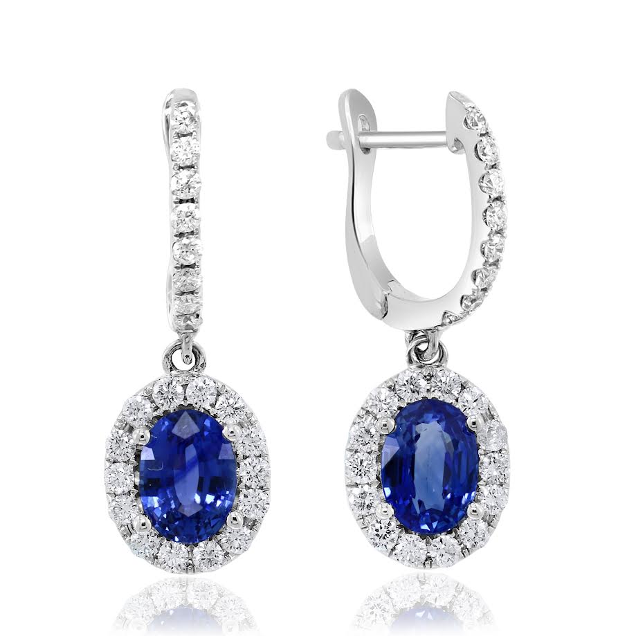 14K WG Oval Sapphire & Diamond Halo Drop Earrings by David Kord Main image