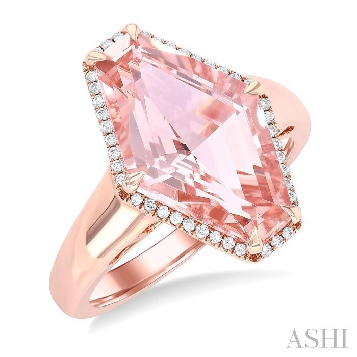 14K RG Hexagon Morganite & Diamond Halo Split Shank Ring