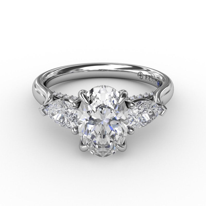 14K WG Classic Three-Stone Oval Diamond Semi-Mount with Pear Sides by FANA
