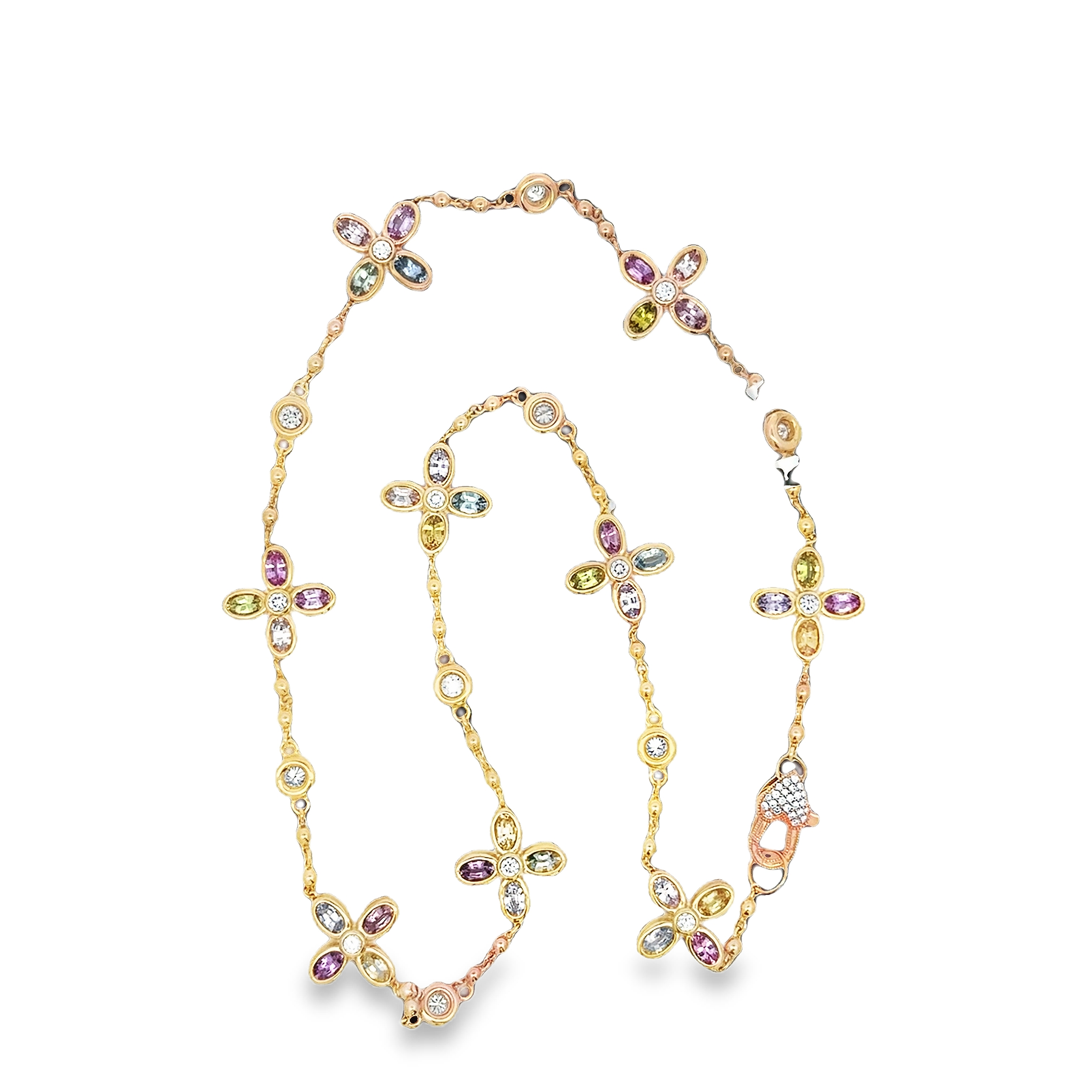 18K YG "Flower Power" Multi Sapphire Necklace w Pave Heart Clasp by Erica Courtney