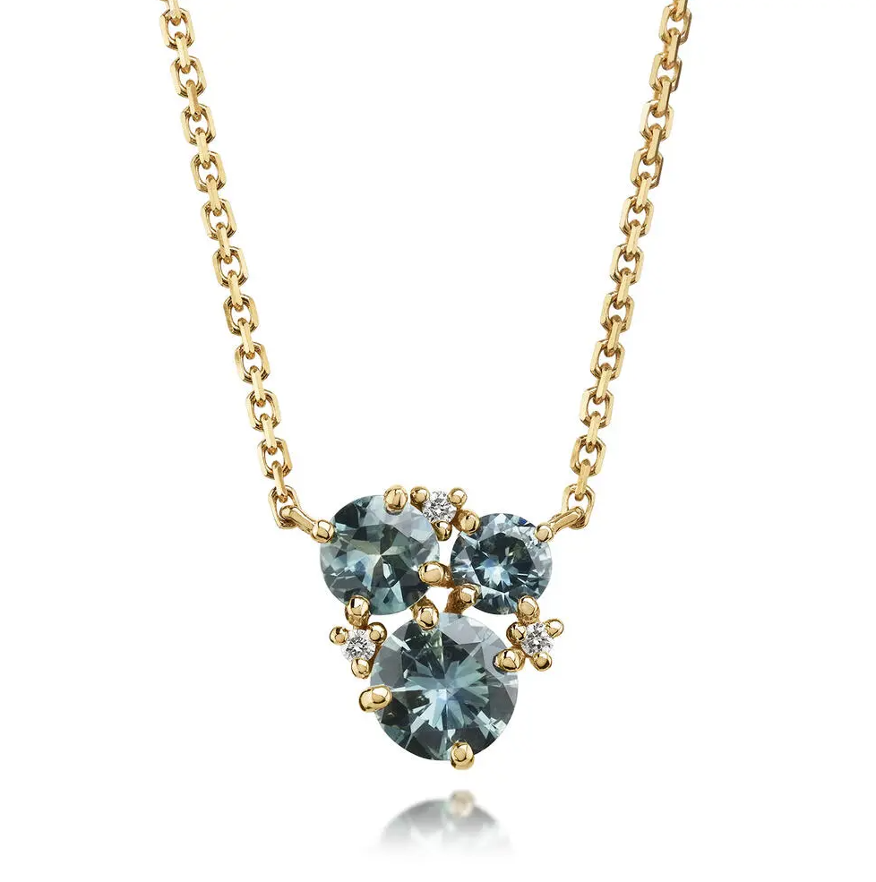 14K YG Green Montana Sapphire & Diamond Cluster Pendant Necklace Main image