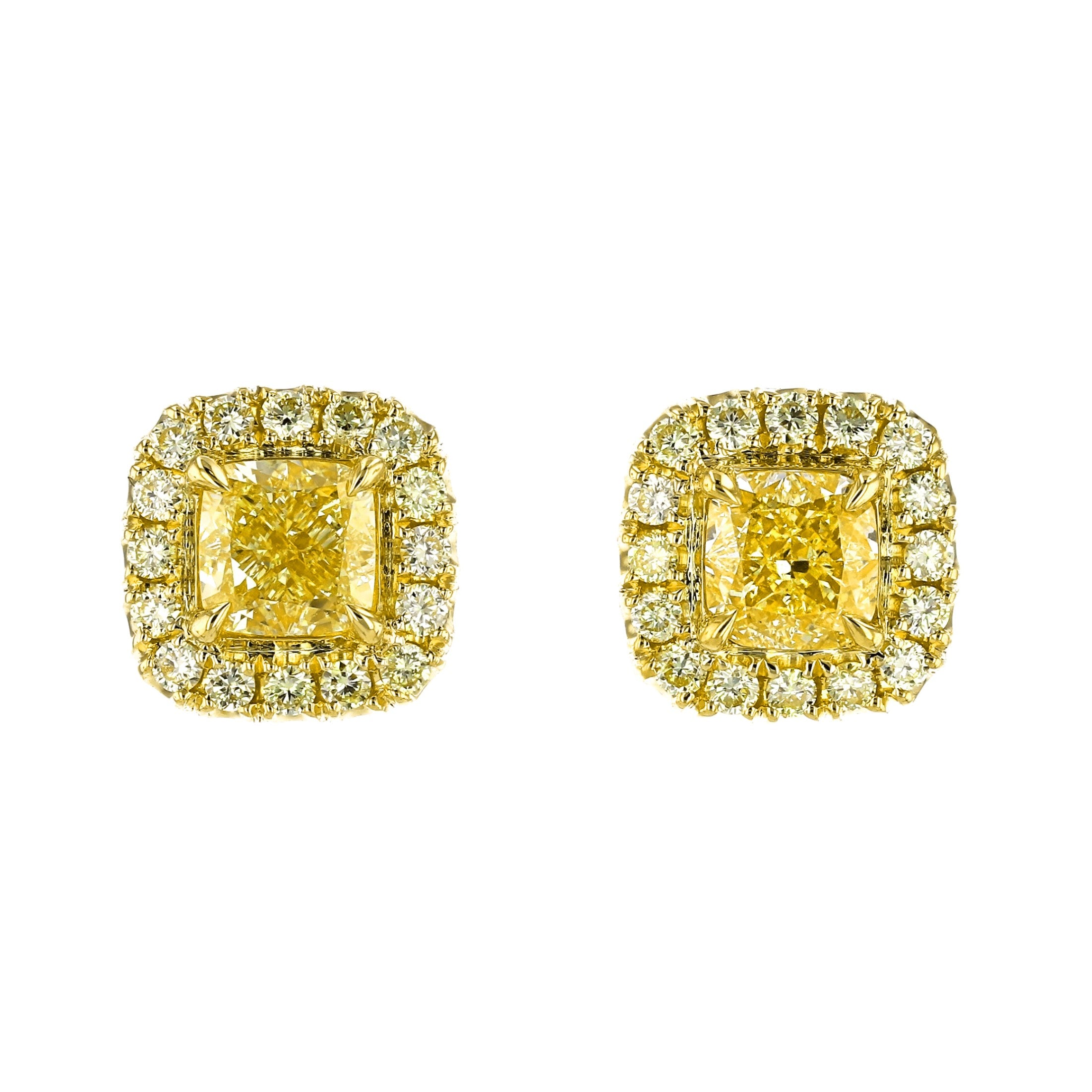 18K YG Fancy Yellow Cushion Studs with Pave Yellow Diamond Halos by Joshua J