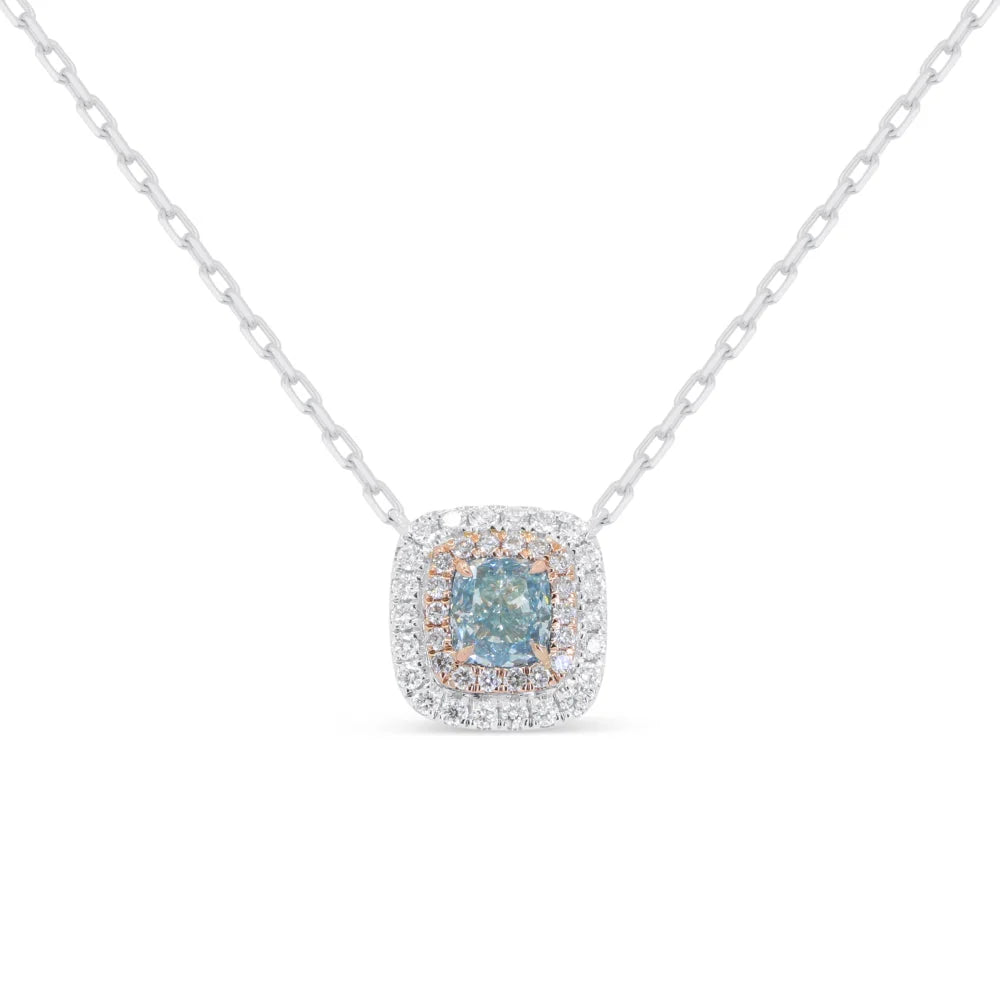 14K R/WG Cushion Shape Yellow Diamond w Blue Enamel Double Halo Pendant Necklace