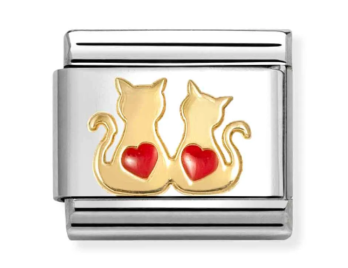 Stainless Steel & 18K Yellow Gold Double Red Hearts Cats Charm