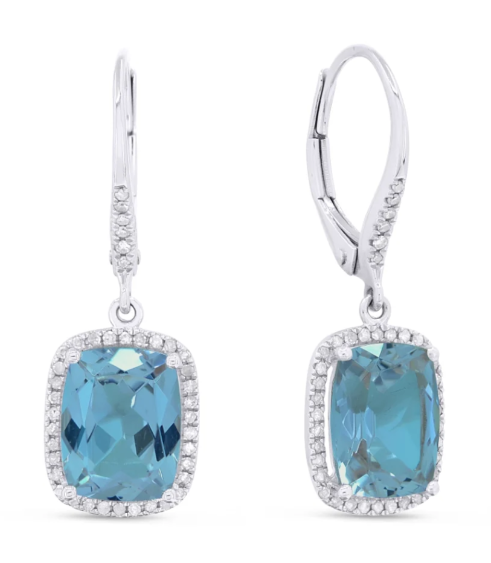 14K White Gold Swiss Blue Topaz Cushion & Diamond Halo Drop Earrings Main image