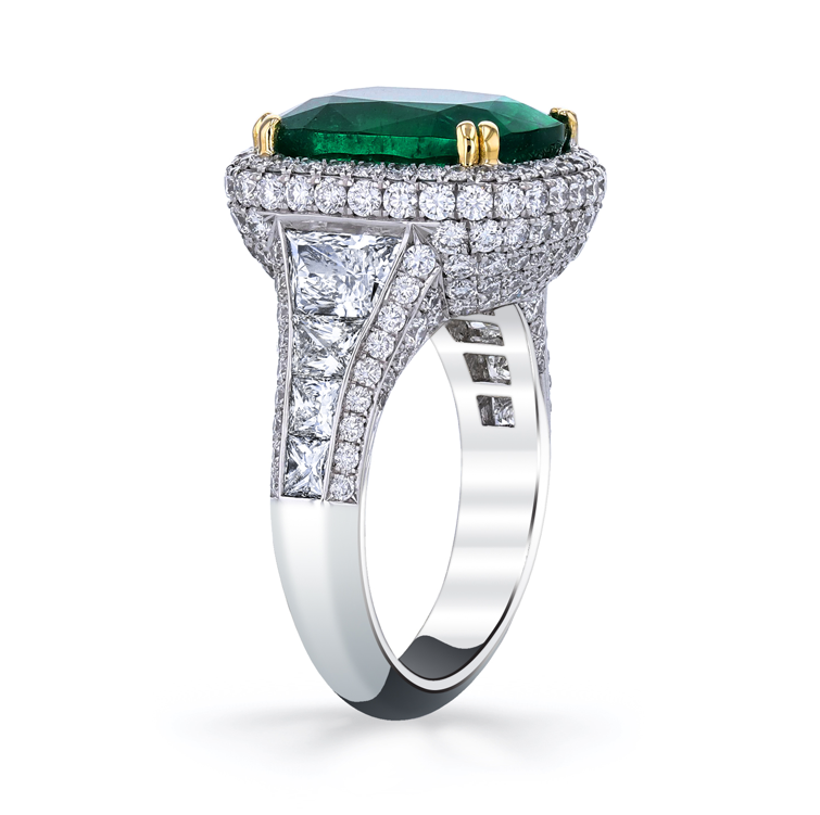 Platinum & 18K Yellow Gold Emerald Ring with Channel Set Trapezoid Diamonds & Pave Diamond Borders by Joshua J