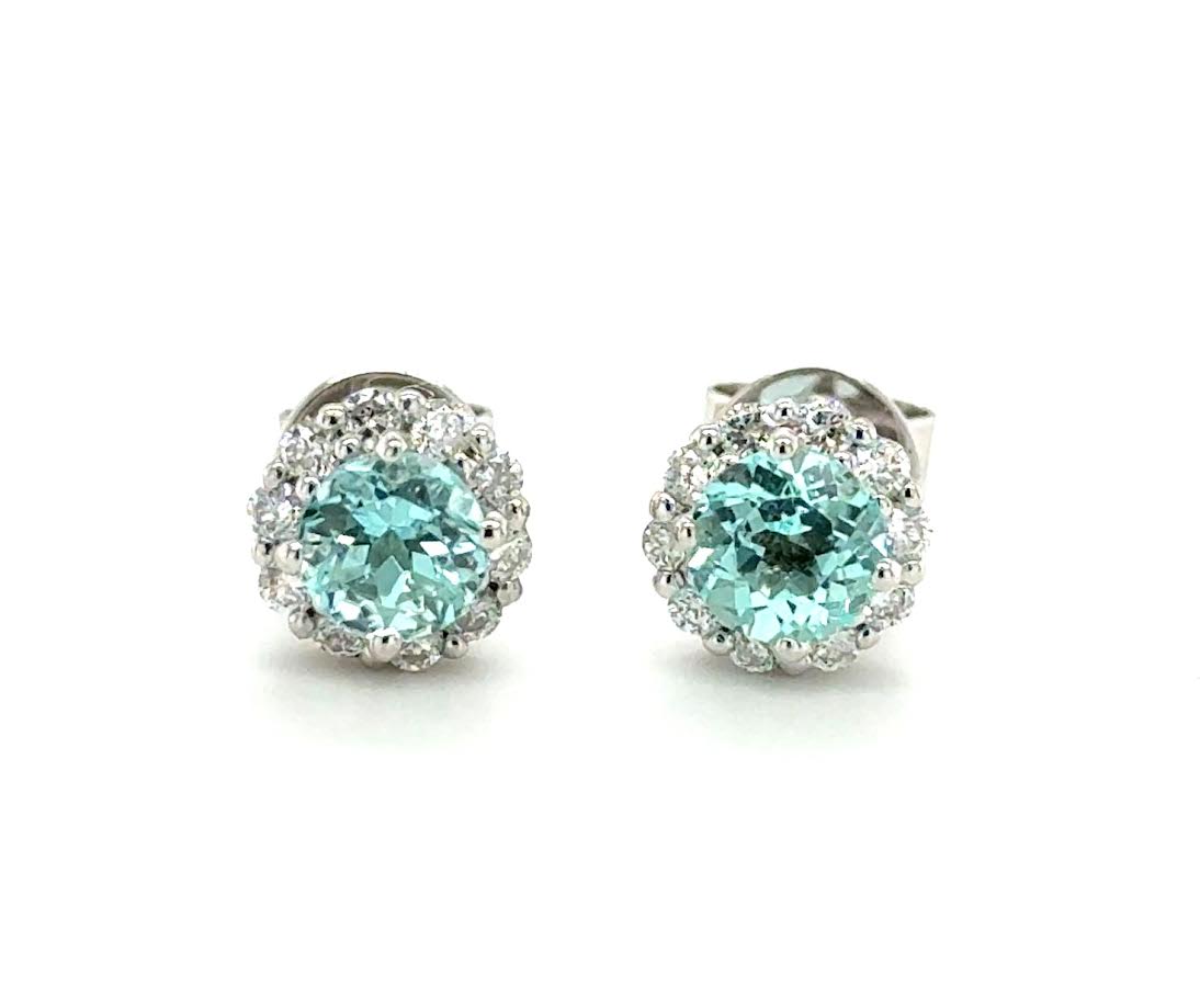 14K WG Round Paraiba & Diamond Halo Studs by David Kord