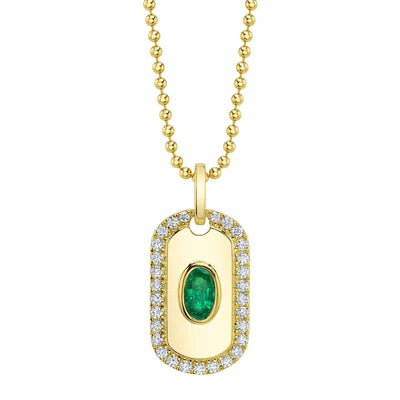 14K YG Oval Emerald Bezel & Diamond Halo Dog Tag Pendant Necklace on Ball Chain Main image