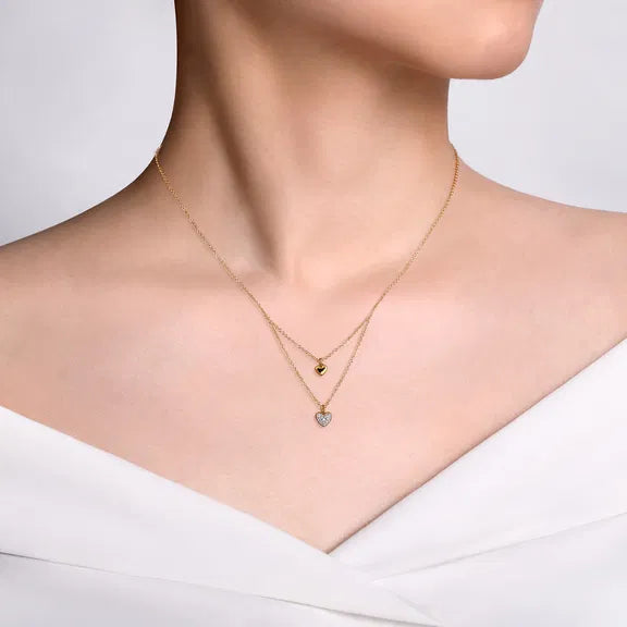14K YG Layered Diamond Double Heart Pendant Necklace by Gabriel NY