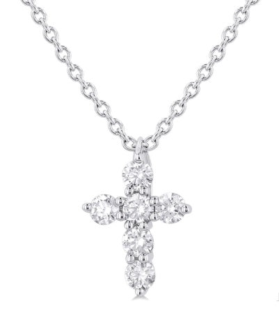14k WG 1/6cttw Diamond Shared Prong Cross Pendant