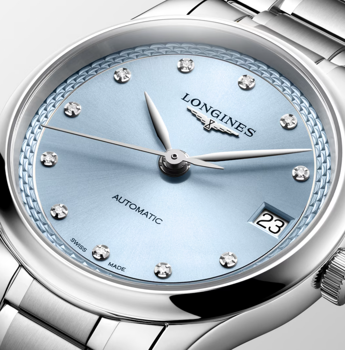 Longines Master 34mm Watch with Frosted Blue Dial & Diamond Markers