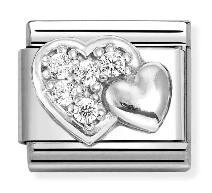 Stainless Steel & Sterling Silver CZ Double Raised Heart Charm