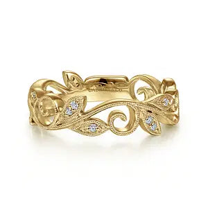 14K Yellow Gold Scrolling Floral Diamond Stackable Ring by Gabriel NY Main image