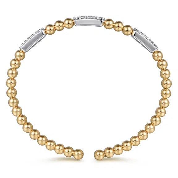 14K Two-Tone Diamond Pave Three Station Bar Bujukan Beads Split Bangle Bracelet by Gabriel NY