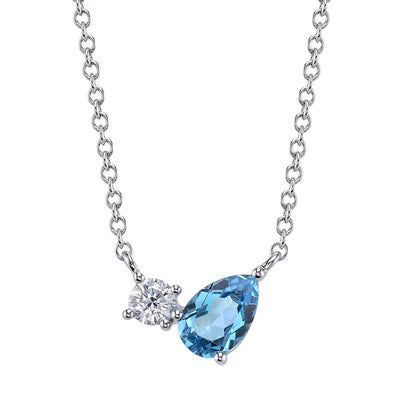 14K WG Pear Swiss Blue Topaz & Diamond 2-Stone Pendant Necklace