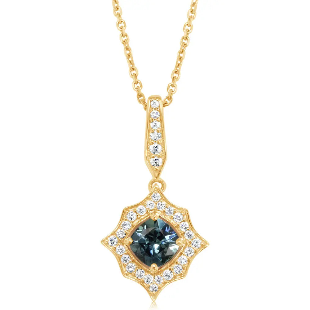 14K YG Vintage Style Montana Sapphire & Diamond Accent Pendant Necklace
