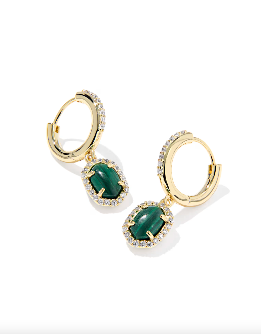 Daphne Gold Plated Crystal Frame Huggie Earrings in Green Malachite by Kendra Scott