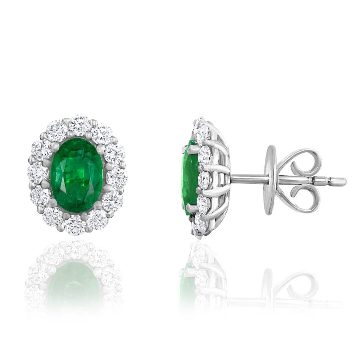 18K WG Oval Emerald & Diamond Halo Studs