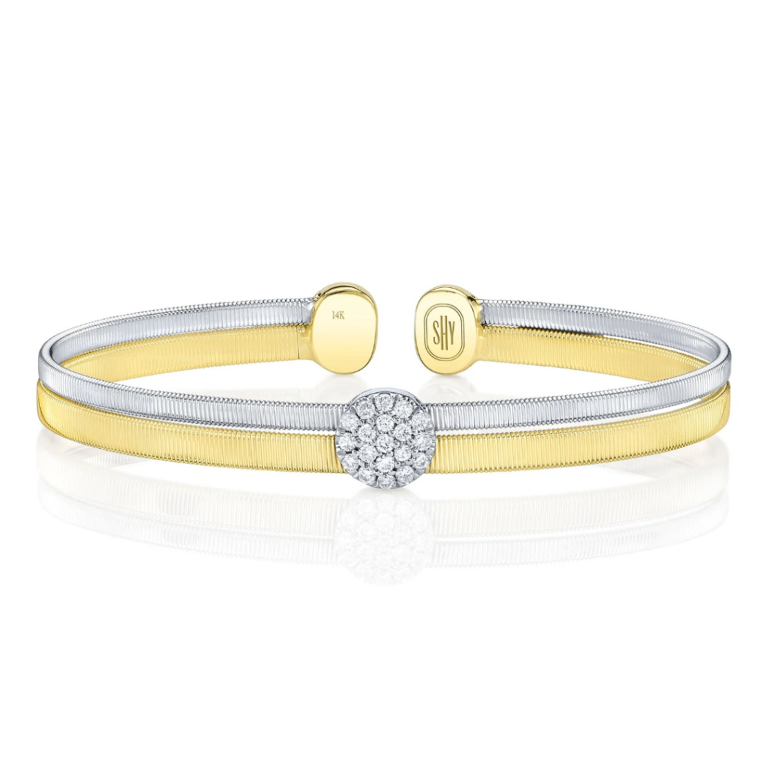 14K Two-Tone Diamond Pave Circle Cuff Bracelet by Shy Creation