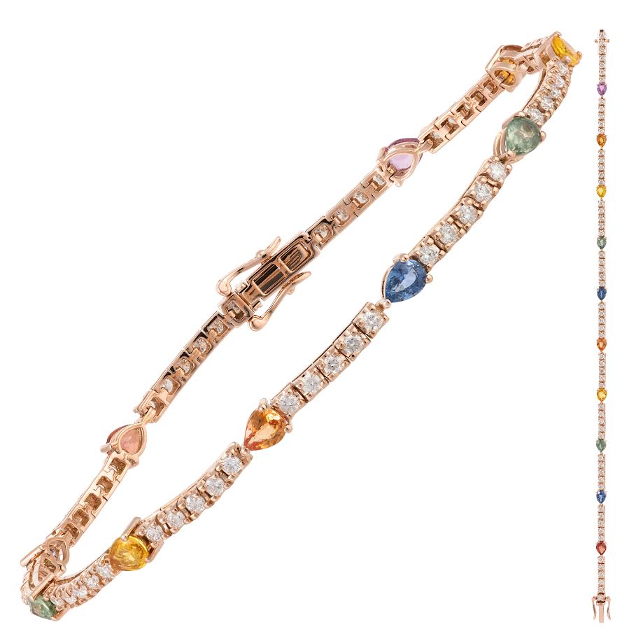 18K RG Diamond & Pear Shape Multi Color Sapphire Station Tennis Bracelet Main image