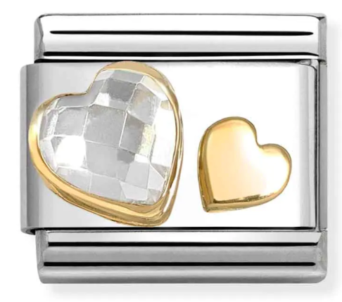 Stainless Steel & 18K Yellow Gold Faceted  White CZ Hearts Charm Main image