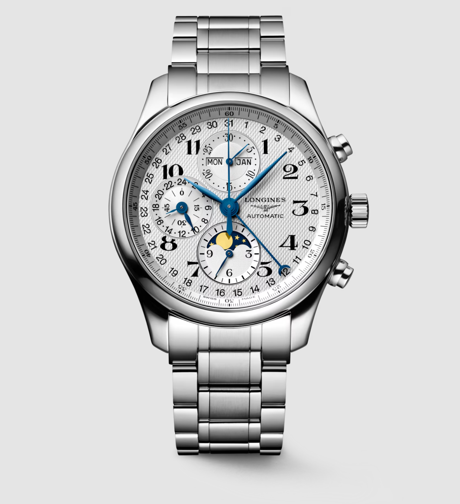 Longines Master Stainless Steel 42mm Chronograph Moonphase Watch in Silver Barleycorn Main image