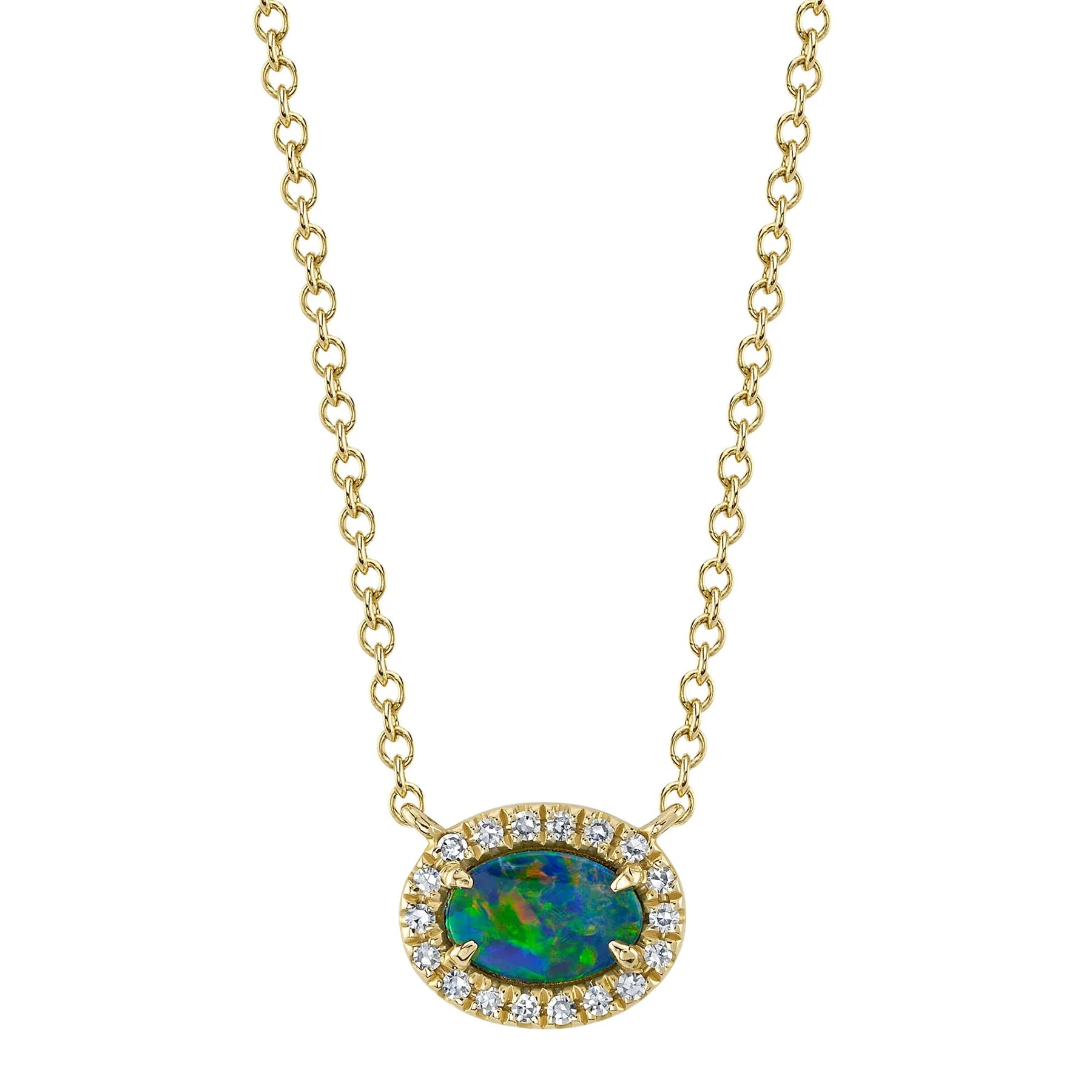 14K YG Opal & Diamond Halo Pendant Necklace