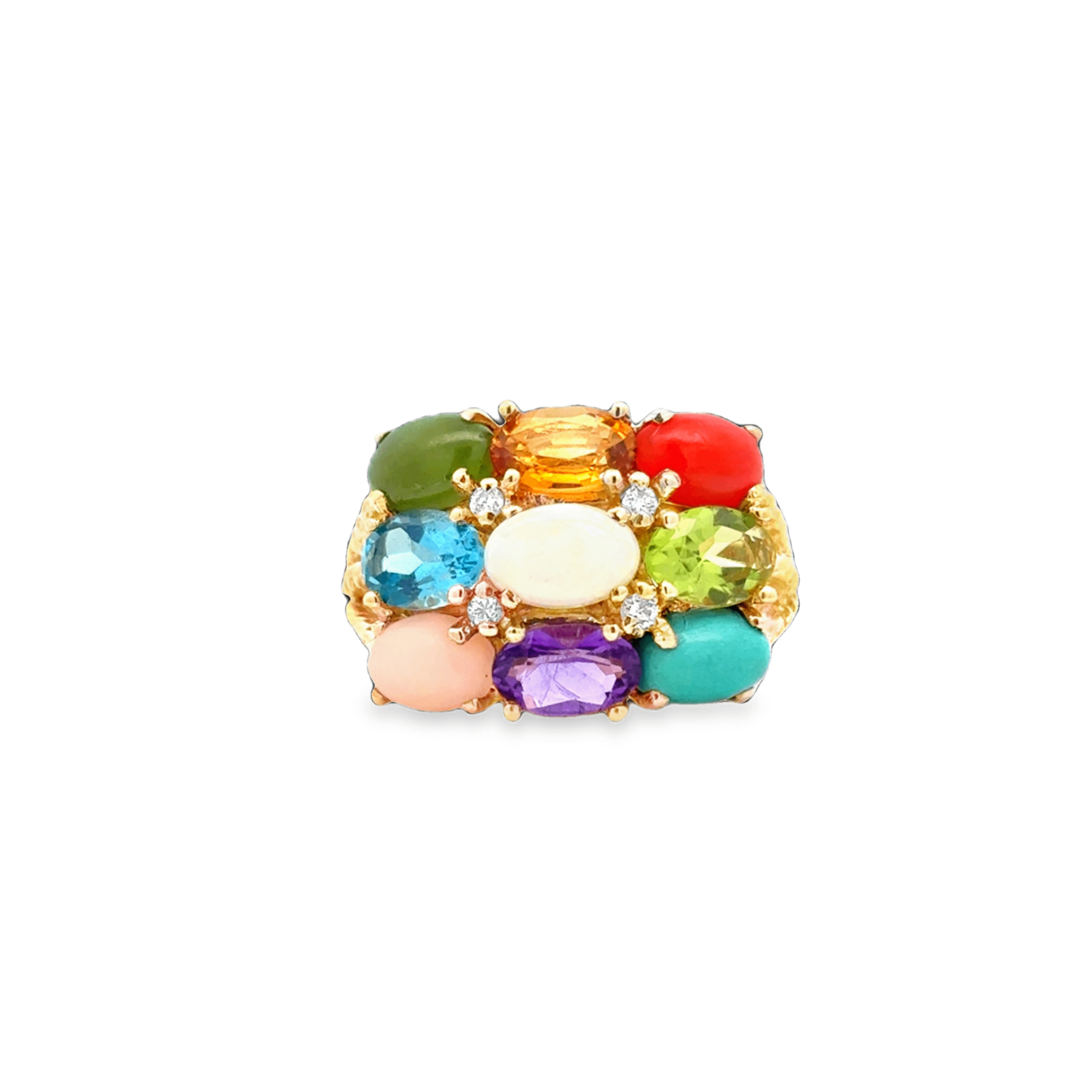 14K YG Multi-Gem Ring (Jade, Citrine, Coral, Blue Topaz, Opal, Peridot, Pink Chalcedony, Amethyst, Turquoise) Main image