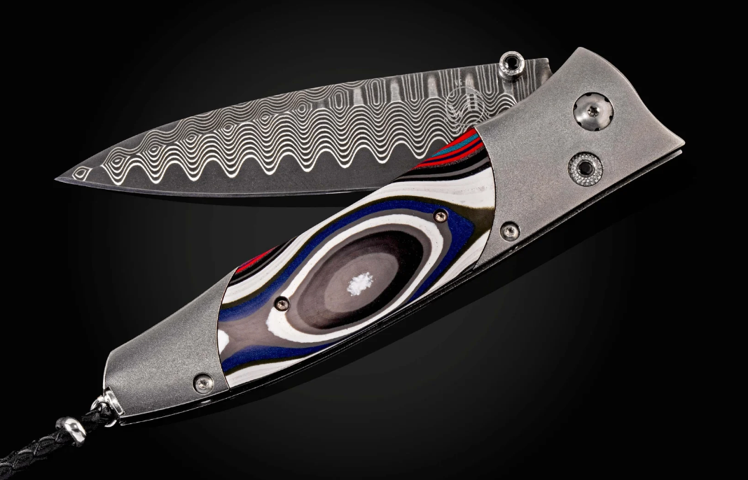 B30 Overdrive-Titanium Folding Knife with Fordite and 'Wave' Damascus Blade Main image