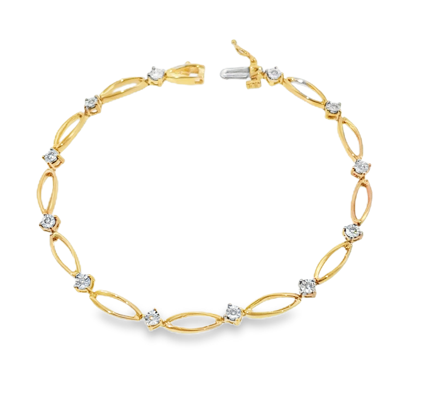 10K Yellow Gold Marquise Link & Diamond Station Tennis Bracelet *Estate Item Sold as is, Final Sale* Main image